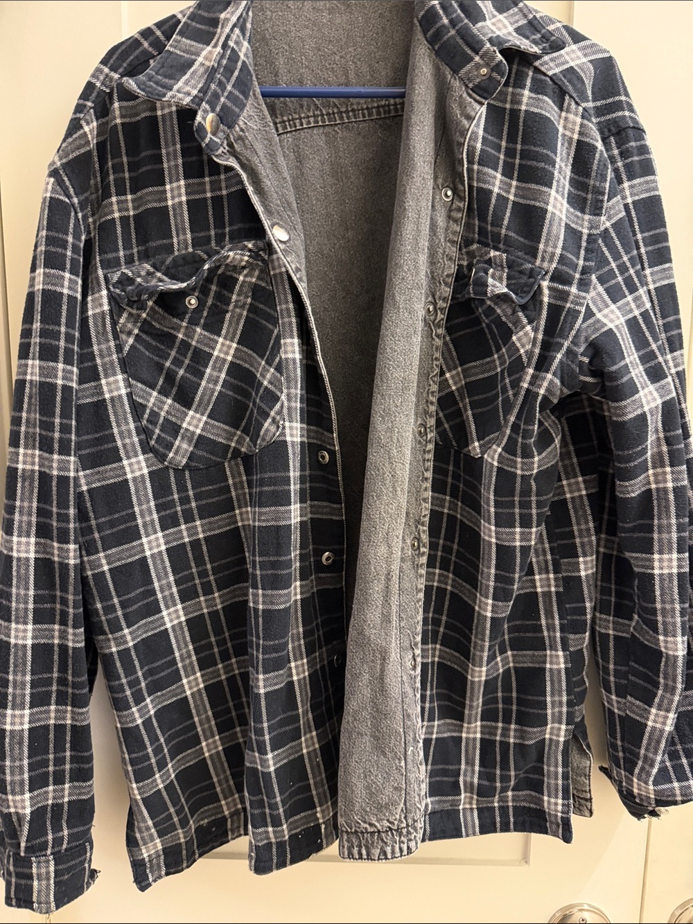 Men's Washed Black Overshirt Jacket with Plaid Lining (REVERSIBLE) - Picture 3 of 4
